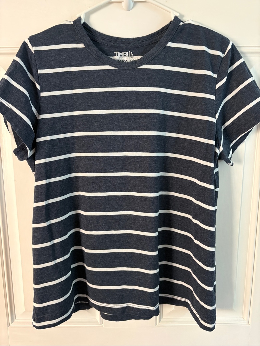 Time and Tru womens Navy & White Striped Crew Tee